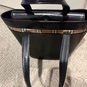 Burberry Black Leather Tote with Check Trim
